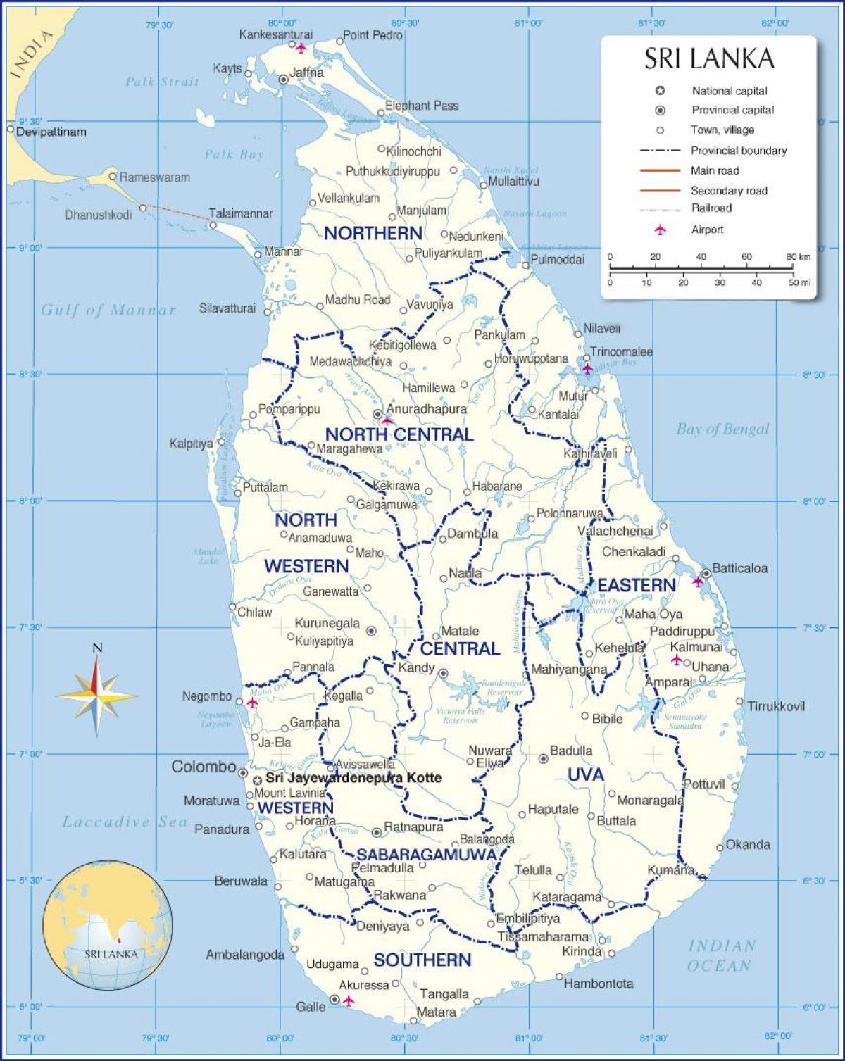 mapa de aeroportos internacionais en Sri Lanka