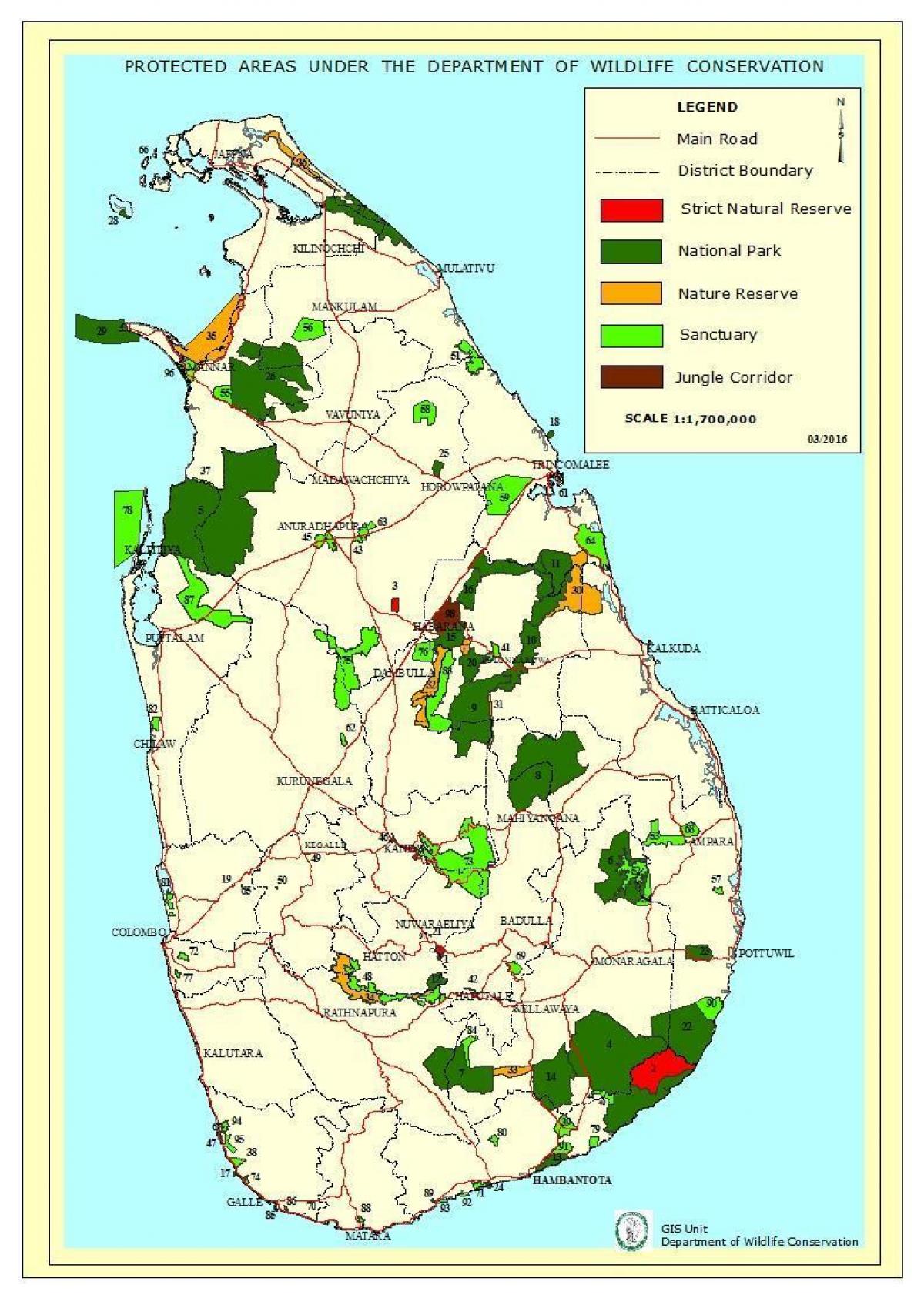 mapa dos parques nacionais en Sri Lanka