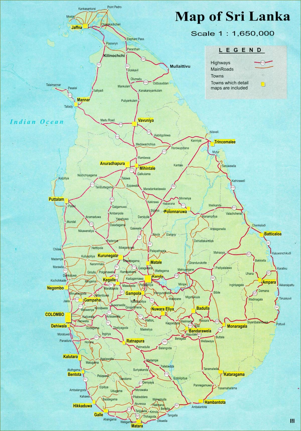 mapa de mapa turístico de Sri Lanka con estrada