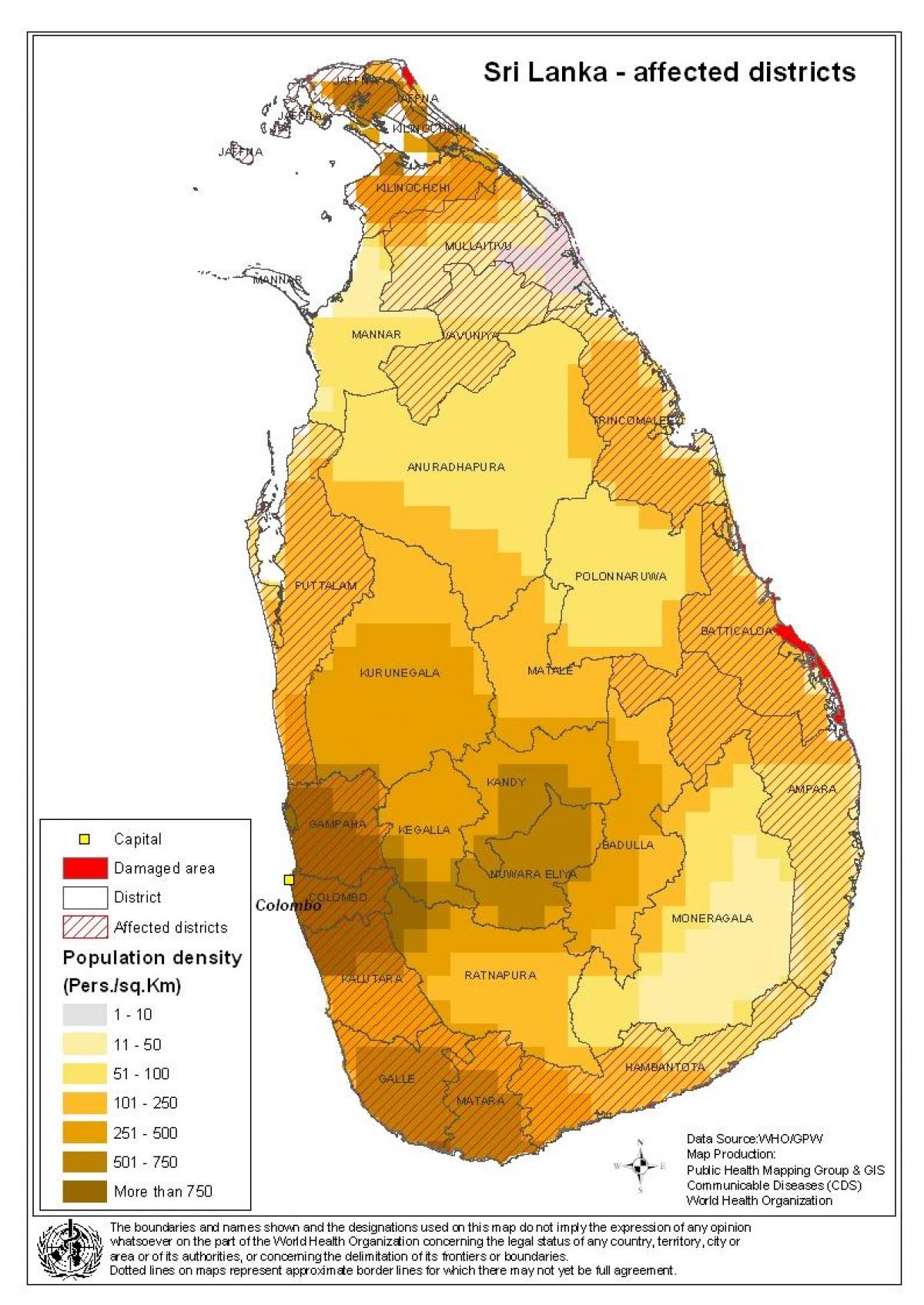 mapa de Sri Lanka densidade de poboación