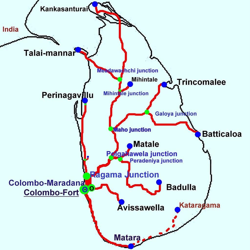 mapa de Sri Lanka liñas de tren