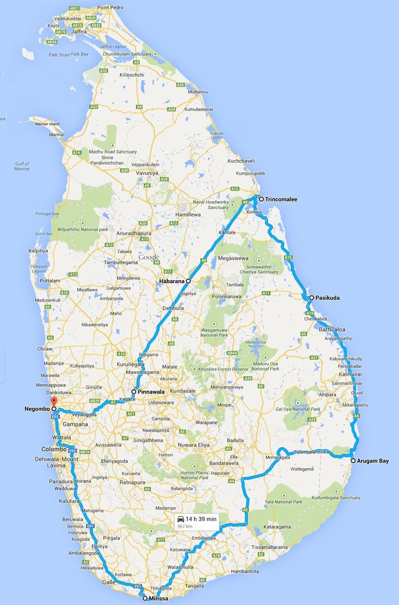 Sri Lanka mellores praias mapa