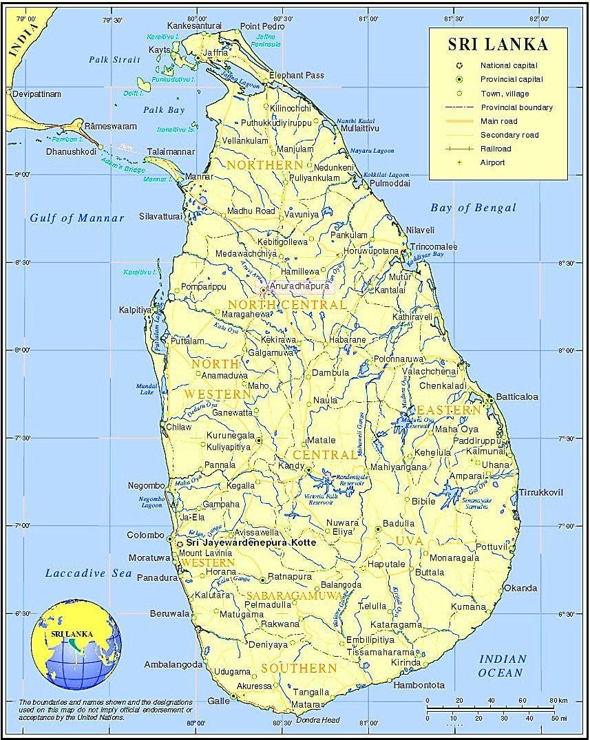 mapa de Sri Lanka lugares históricos