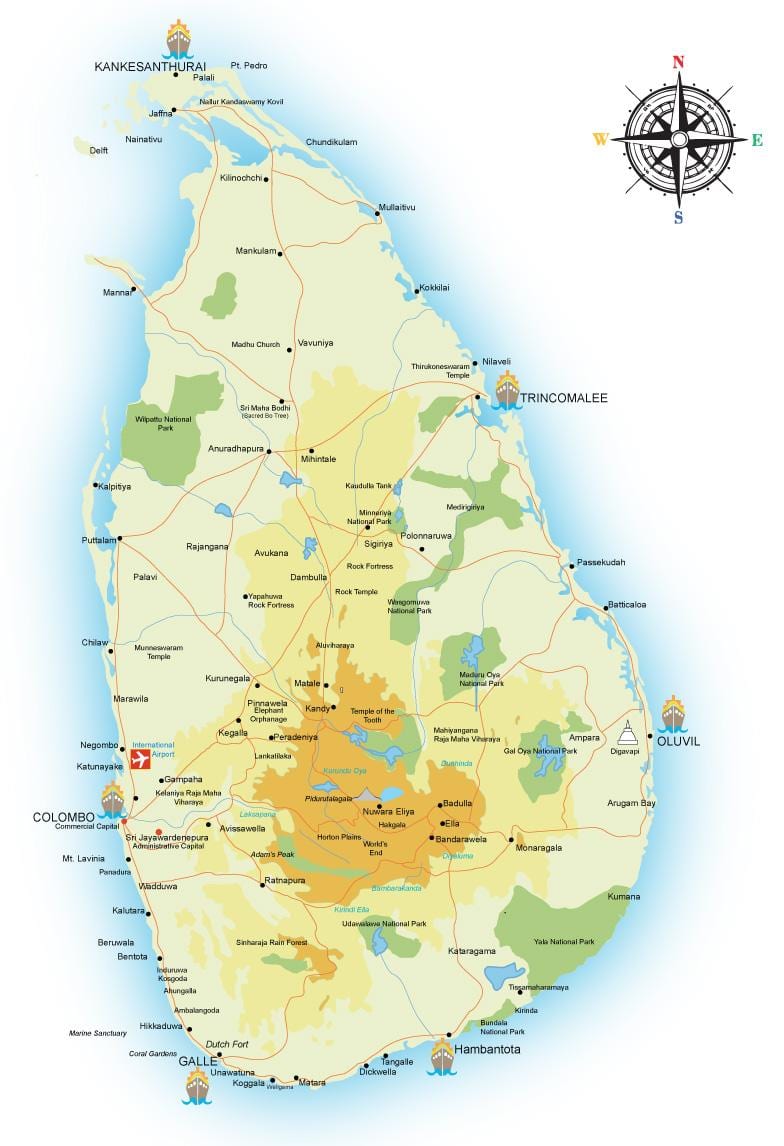 mapa de Sri Lanka portos