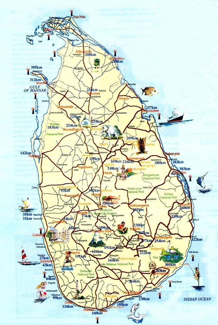 mapa turístico de Sri Lanka con cidades